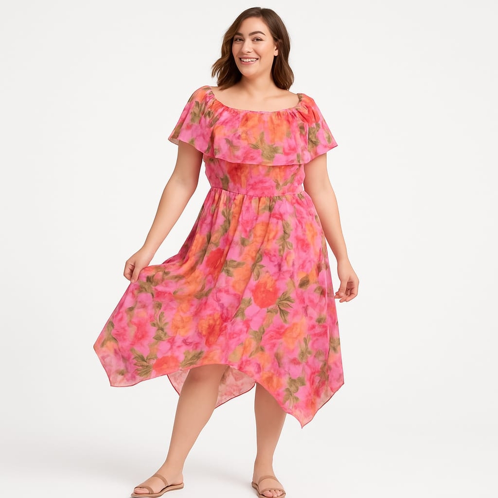 Rabbit Rabbit Rabbit Ruffle Floral Dress with features an off-shoulder neckline